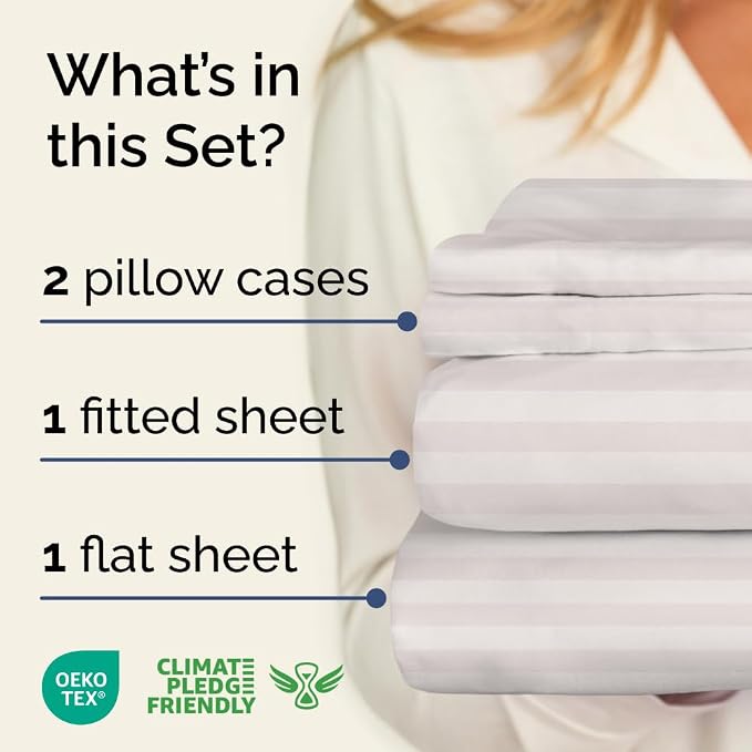 King 4 Piece Striped Sheet Set - Soft, Breathable & Cooling - Greyscale | 1 Flat, 1 Fitted & 2 Pillowcases w/ Deep Pockets, Luxury Striped Bedding, Soft, Breathable & Cooling, Wrinkle & Fade Free