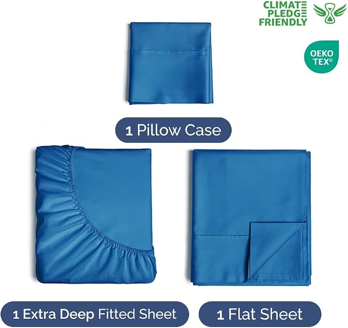 Extra Deep Twin Sheet Set - 3 Piece Breathable Cooling Sheets - Royal Blue | Easily Fits 18 to 24 inch Mattress - Ultra Soft, Wrinkle & Fade Free with Extra Deep Pockets - Comfy Hotel Luxury Bedding