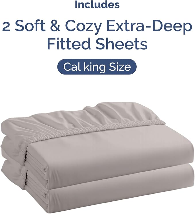 2 Pack Extra Deep Cal King Fitted Sheets with Deep Pockets - Light Grey | Hotel Luxury Bottom Fitted Sheets Only, Soft, Fade & Wrinkle Free, Breathable & Comfy, All Around Elastic Fitted Sheets