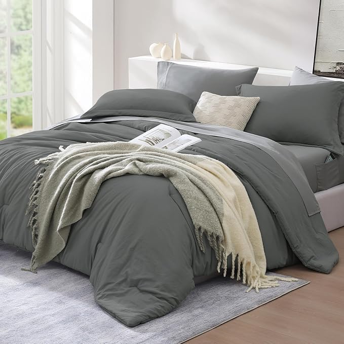 Twin XL Comforter Set- 5 Pieces Prewashed Bed in a Bag Twin Bedding Sets | Soft All Season Comforter with Sheets, Pillow Sham & Pillowcase, Grey