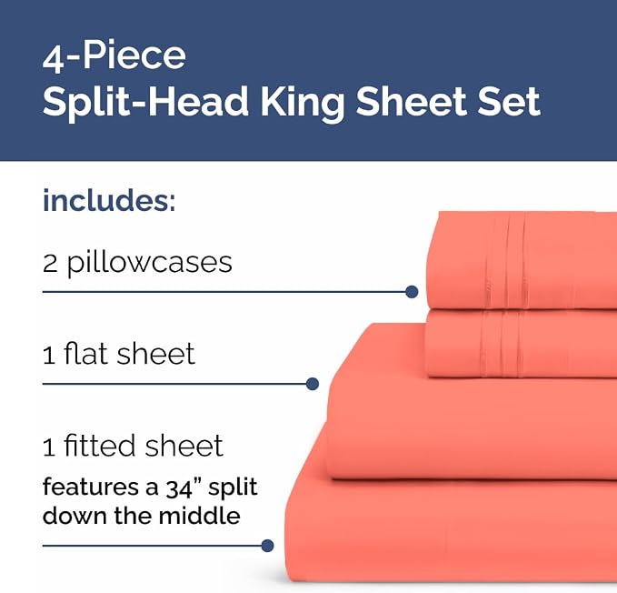 Flex Top Split Head King 4 Piece Sheet Set - Ultra-Soft, Breathable - Coral | Cooling Bed Sheets Set, Hotel Luxury Bedding for Women & Men with Deep Pockets, Wrinkle Free & Fade Resistant, Oeko-Tex