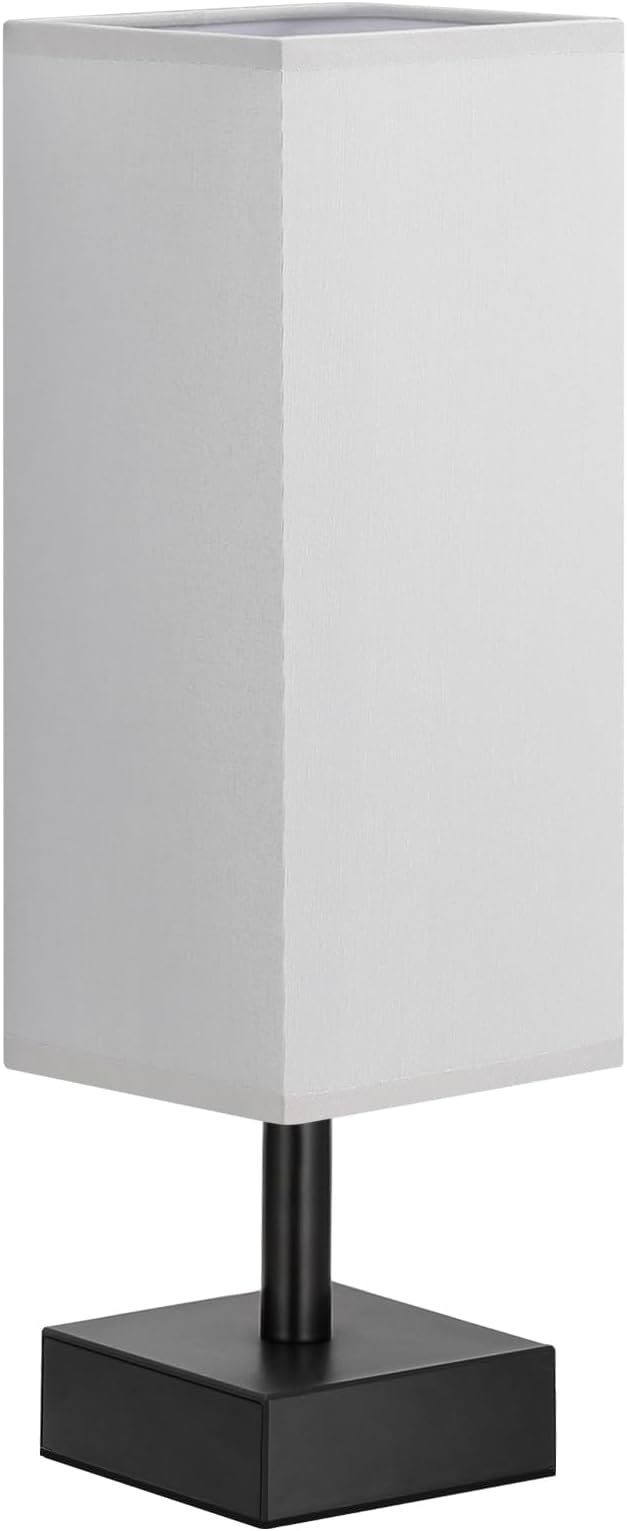 aooshine Small Bedside Table Lamp for Bedroom - Square Grey Fabric Shade | Inline Rocker Switch, Corded Electric, Bulb Not Included, 12.8" Mini Table Lamp for Nightstand, Desk, Dorm, Office