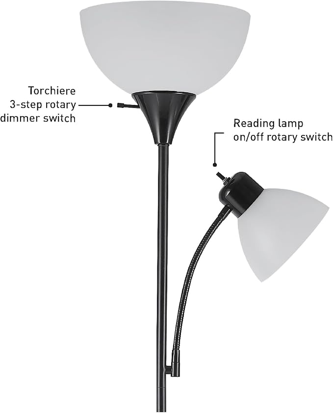 Globe Electric 67135 72" Floor Lamp with Adjustable Reading Light, Bright, Easy-to-Assemble Torchiere for Bedroom, Living Room & Office - Space-Saving Slim Design