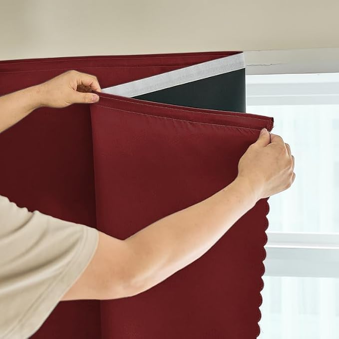 AJAZZ 100% Blackout Self Adhesive Curtains Small Window Short Temporary Black Out Curtains Easy to Install Used for Bedroom Kitchen Window Cover (Burgundy, 35" W x 48" L 1 Panel)