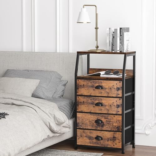 Furnulem Tall Night Stand, Bedside Table for Bedroom, Small Fabric Dresser | Rustic Brown Dorm Closet Organizer, Vertical Storage Drawer, 2-Tier Shelf, Sturdy Steel Frame, Wood Top