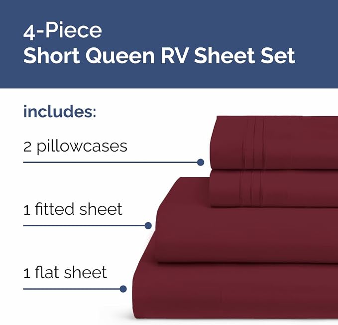 Short Queen Size 4 Piece Bed Sheet Set - RV Short Queen Sheets - Burgundy | Ultra-Soft, Breathable & Cooling Bed Sheets Set with Deep Pockets, Hotel Luxury Bedding for Women & Men, Wrinkle & Fade Free