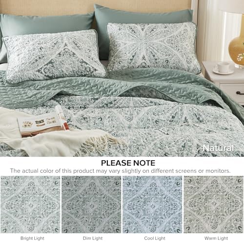 Comfort Spaces Gloria Boho Full Queen Quilt Set 3 Piece for Summer Green | Reversible Coverlet Bedspread, Soft All Season, Medallion Pattern, Winter Layer with Shams Modern Lightweight, Cozy Comfort