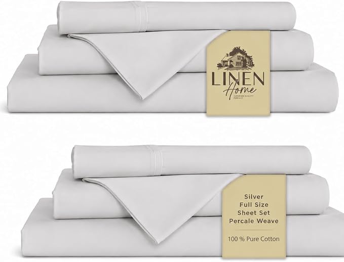 Linen Home 2-Pack Full Sheet Set, 100% Cotton Percale Bedding, 8-Piece Value Bundle, Deep Pocket Cooling Bed Sheets for Hot Sleepers, Breathable & Crisp Hotel Quality, Long-Staple Cotton, Silver