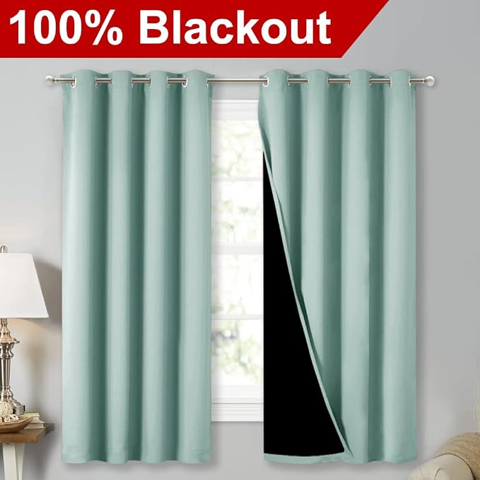 NICETOWN Aqua Blue Blackout Curtains for Kitchen 52" w x 63" L 2 Panels | 100% Room Darkening Lined 2 Thick Layers Completely Light Blocking Window Treatment Thermal Insulated Drapes for Bedroom