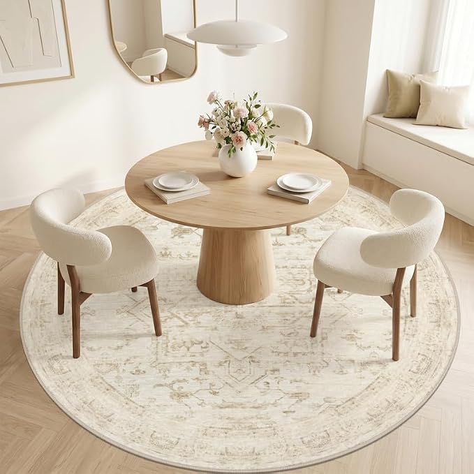 Round Area Rug Living Room: 8ft Washable Carpet Beige/Brown | Vintage Boho Circle Soft Large Circular Carpet Bedroom Nursery Neutral Dining Room Indoor Decor Floor Non-Slip Under Table