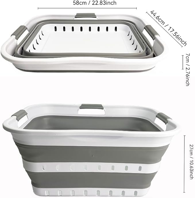 SAMMART 42L (11 gallon) Collapsible Plastic Laundry Basket - Foldable Pop Up Storage Container/Organizer - Space Saving Hamper/Basket (1, Grey/White)