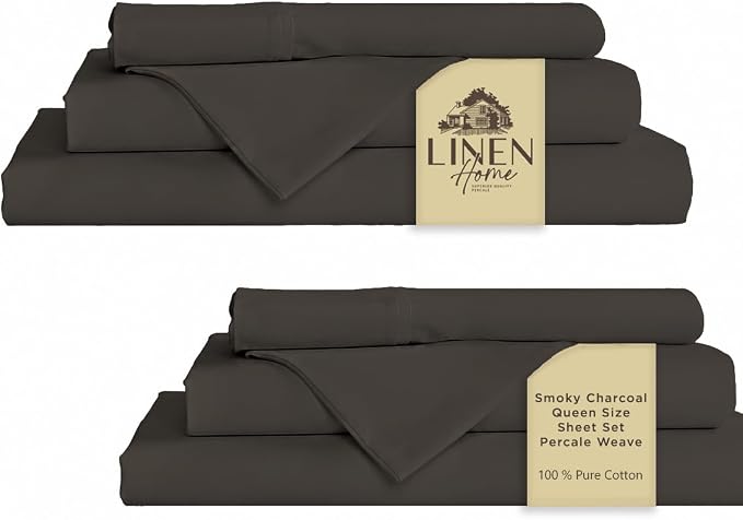 Linen Home 2-Pack Queen Sheet Set, 100% Cotton Percale Bedding, 8-Piece Value Bundle, Deep Pocket Cooling Bedsheets for Hot Sleepers, Breathable & Crisp Hotel Quality Long-Staple Cotton Smoky Charcoal