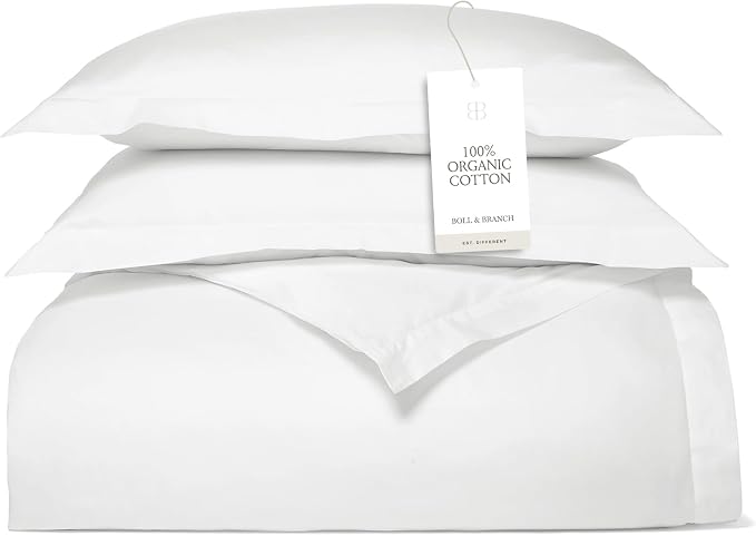 BOLL & BRANCH Signature Hemmed Duvet Set, Full/Queen, White | 1 Duvet Cover, 2 Shams - Luxury 100% Organic Cotton - Buttery Soft, Hidden Closures