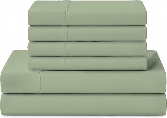 Linen Home 100% Cotton Percale Sheets California King Size, Oil Green, Deep Pocket, 6 Pieces Set- 1 Flat, 1 Fitted and 4 Pillowcases, Crisp Cool and Long Staple Strong Bed Linen