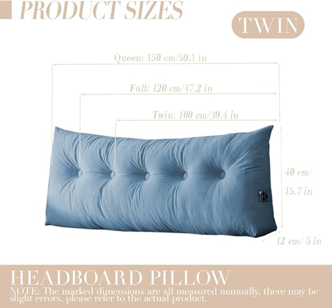 Wedge Headboard Pillow Twin XL, College Dorm Essentials Bed Reading | 39.4*15.7*5 in, back rest, lumbar support, sleeping & reading pillow, plush velvet cover, pp cotton inner, side pockets, blue