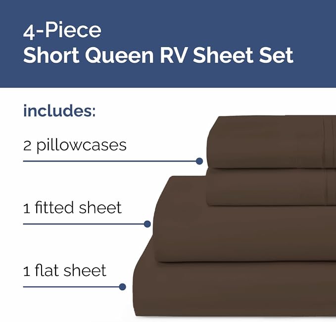 Short Queen Size 4 Piece Bed Sheet Set - RV Short Queen Sheets - Brown | Ultra-Soft, Breathable & Cooling Bed Sheets Set with Deep Pockets, Hotel Luxury Bedding for Women & Men, Wrinkle & Fade Free