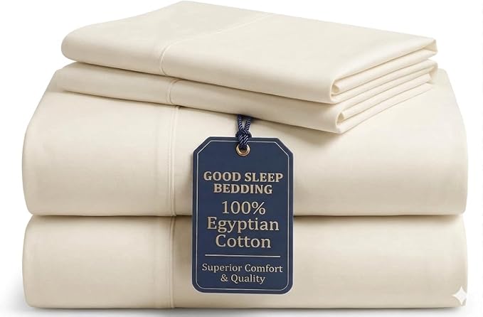 Good Sleep Bedding Cal King Sheet Set, 4 Piece, 100% Egyptian Cotton Sheets California King, Sateen Weave Bed Sheet, Ultra-Soft, 16" California King Sheets Deep Pockets - Ivory