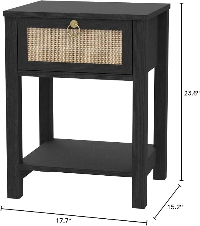 SICOTAS Rattan Nightstand with Storage Shelf, Boho Bedside Table End Table | Night Stand with Rattan Drawer, Boho End Table with Storage for Bedroom, Apartment, Guest Room, Small Spaces, and Dorm Rooms
