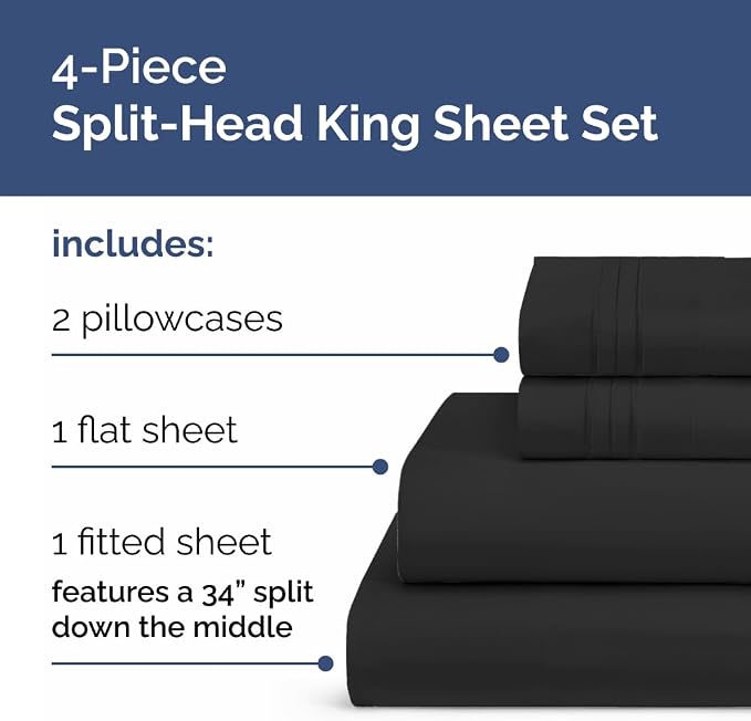 Flex Top Split Head King 4 Piece Sheet Set - Ultra-Soft, Breathable - Black | Cooling Bed Sheets Set, Hotel Luxury Bedding for Women & Men with Deep Pockets, Wrinkle Free & Fade Resistant, Oeko-Tex