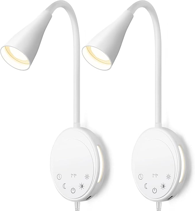 SANKEDOU LED Wall Mount Reading Light, Bedside Reading Lights, 5 Dimmable | Touch Control, USB Output, Night Light & Timers, Flexible Gooseneck Headboard Bed Lights wall Sconce (White-2P)