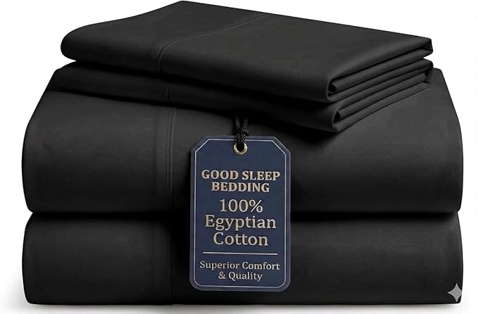 Good Sleep Bedding 100% Egyptian Cotton Queen Sheet Set, 4 Piece Silky Sateen Weave, Bed Sheets Queen Size, Ultra-Soft & Durable Hotel Luxury, 16" Queen Sheet Set Deep Pocket - Black
