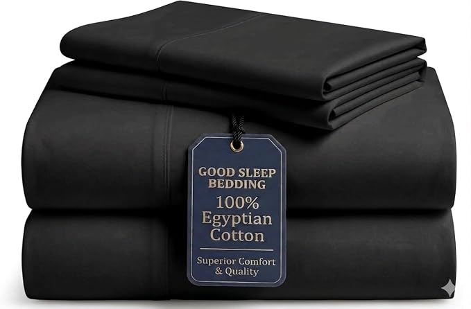 Good Sleep Bedding 100% Egyptian Cotton King Size Bed Sheets, 4 Piece Silky Sateen Weave King Sheets, Ultra-Soft & Durable Hotel Luxury, 16 Inch Deep Pocket King Sheet Set - Black