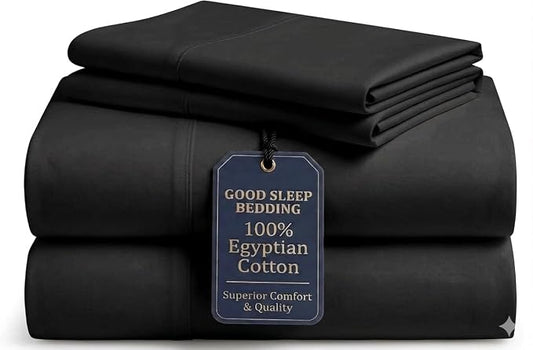 Good Sleep Bedding 100% Egyptian Cotton King Size Bed Sheets, 4 Piece Silky Sateen Weave King Sheets, Ultra-Soft & Durable Hotel Luxury, 16 Inch Deep Pocket King Sheet Set - Black