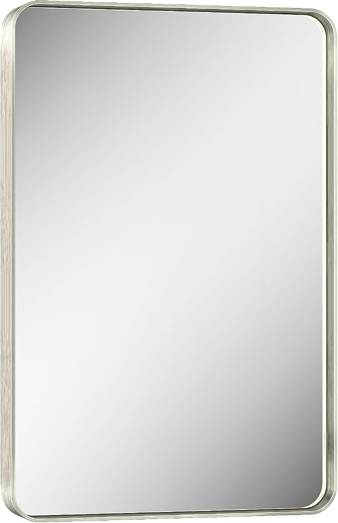 Keonjinn 20 x 30 Inch Brushed Nickel Bathroom Mirrors for Over Sink | HD Tempered Glass, Silver Vanity Mirror, Rust-Resistant Aluminum Frame, Rounded Rectangle, French Cleat Mount, Home Décor