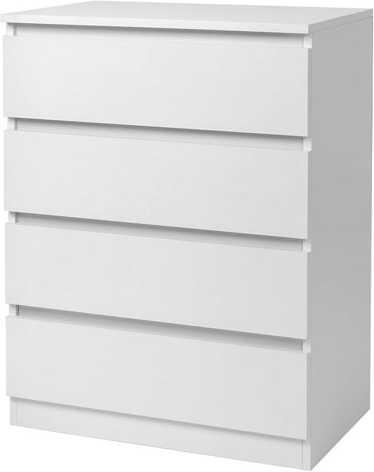 Vibe & Dine 4 Drawer Dresser, Modern Chest of Drawers Without Handle, Wooden Tall Nightstand for Bedroom, White