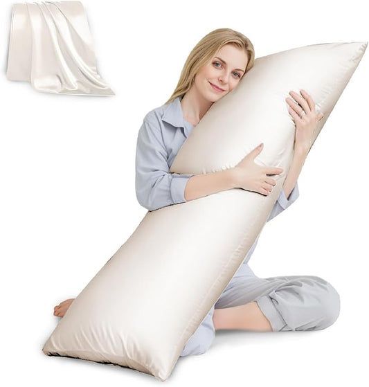 Body Pillow with Satin Pillowcase, Body Pillow for Adults, Beige | 20"x54", Removable Cover, OEKO-TEX Certified Down Alternative Filling,Washing Machine