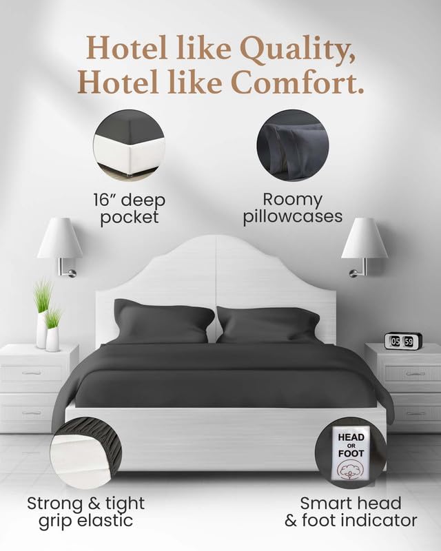 Good Sleep Bedding 100% Egyptian Cotton Sheets Queen Size, 4 Piece Silky Sateen Weave Queen Bed Sheets, Ultra-Soft & Durable Hotel Luxury, 16 Inch Deep Pocket Queen Sheets - Dark Gray