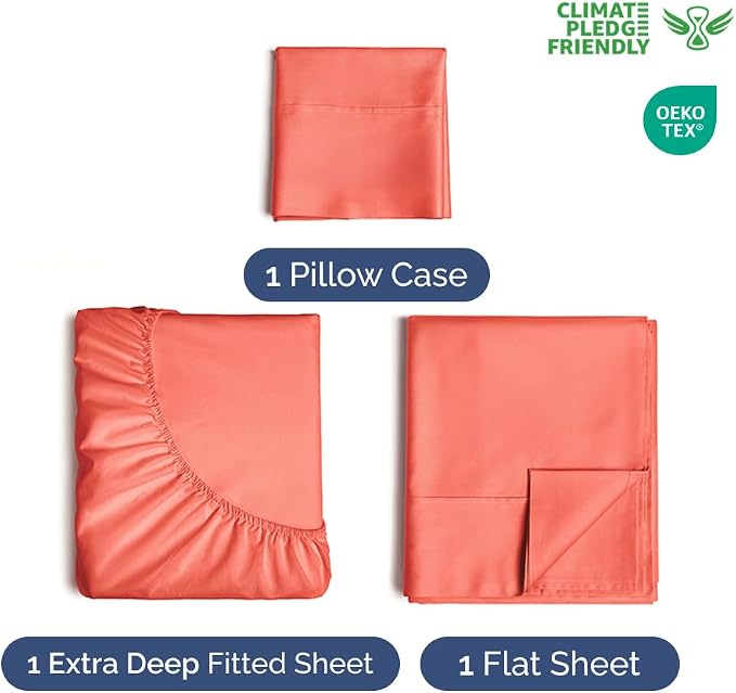 Extra Deep Twin Sheet Set - 3 Piece Breathable & Cooling Bed Sheets - Coral | Easily Fits 18 to 24 inch Mattress - Ultra Soft, Wrinkle & Fade Free with Extra Deep Pockets - Comfy Hotel Luxury Bedding