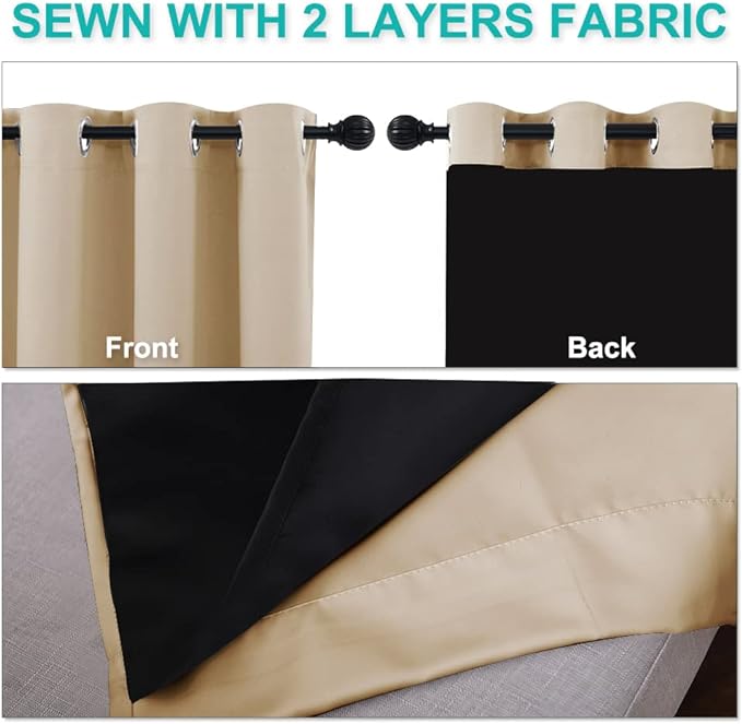 NICETOWN Full Shading Curtains 90 inches Long 2 Panels Set for Windows, Super Heavy-Duty Black Lined Blackout Curtains for Bedroom, Privacy Assured Window Treatment (Biscotti Beige, 52 inches W) | Full Shading Super Heavy-Duty Black Lined Drapes for Li...