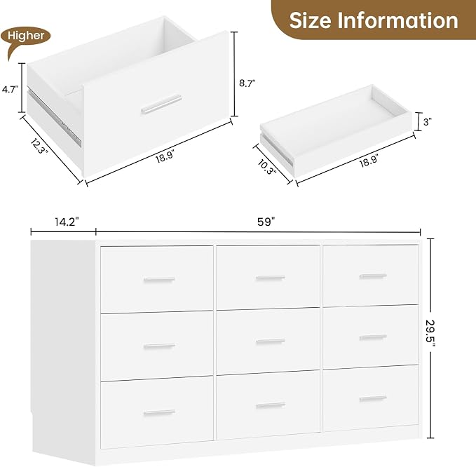 Dresser for Bedroom with 9 Drawers, 14.2"D X 59.1"W X 29.5"H, White | Modern Chest of Drawers with Hidden Drawer,Wood Storage Dresser, Storage Organizer for Living Room, Closet, Hallway