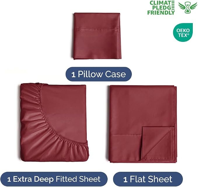 Extra Deep Twin Sheet Set - 3 Piece Breathable & Cooling Sheets - Burgundy | Easily Fits 18 to 24 inch Mattress - Ultra Soft, Wrinkle & Fade Free with Extra Deep Pockets - Comfy Hotel Luxury Bedding