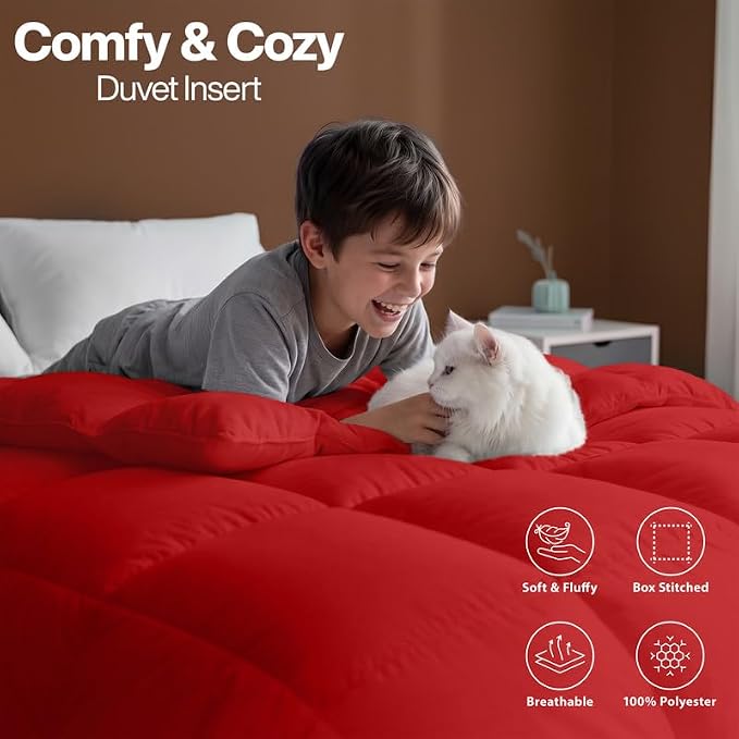 Utopia Bedding Comforter King Size, Duvet Insert, Red, 90 x 102 Inches | Soft and Fluffy Down Alternative Bed Comforter, All Season, Breathable, Corner Tabs, Box Stitched, Durable, Machine Washable