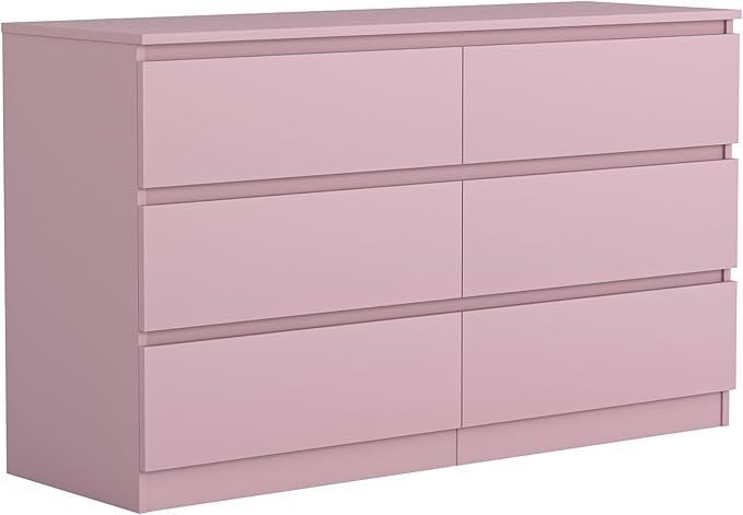 Vibe & Dine 6 Drawer Double Dresser, Modern Chest of Drawers with Wide Storage for Closet, Bedroom, Living Room, Pink