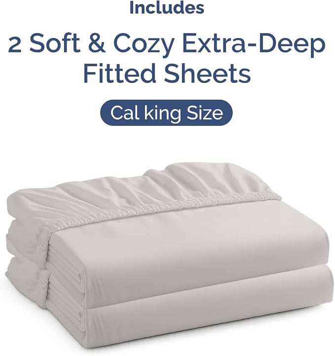 2 Pack Extra Deep Cal King Fitted Sheets with Deep Pockets - French Grey | Hotel Luxury Bottom Fitted Sheets Only, Soft, Fade & Wrinkle Free, Breathable & Comfy, All Around Elastic Fitted Sheets