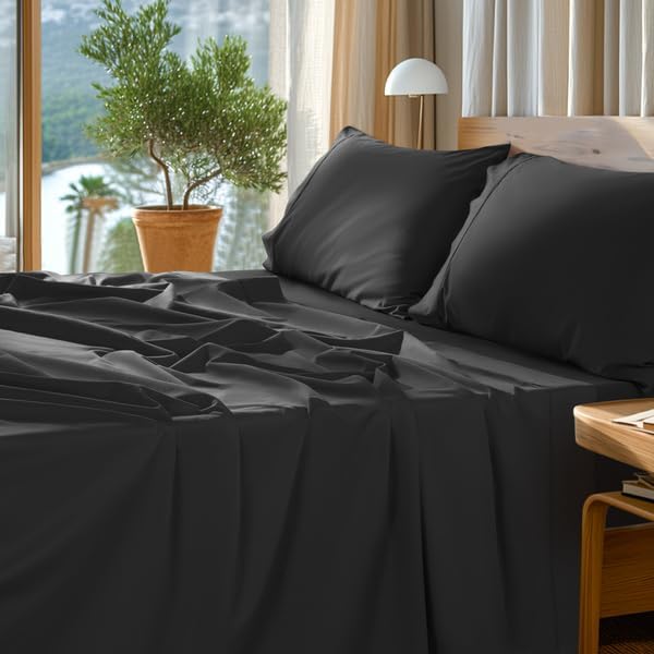 SONORO KATE 1000 Series 100% Egyptian Cotton Cal King Sheet Set,4 Pieces | Soft,Breathable Long Staple,Sateen Weave,Luxury 5-Star Hotel Bed Sheets,16" Deep Pocket,Black