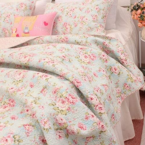 3 PCS Country Cottage Floral Bedspread Quilt Coverlet Patchwork 100% Cotton Light Blue Queen Size
