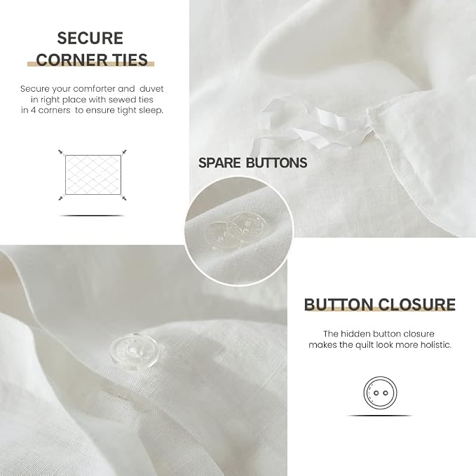 Simple&Opulence 100% Linen Duvet Cover Set 3pcs Basic Style Natural French Washed Flax Solid Color Soft Breathable Farmhouse Bedding with Button Closure - White, Queen