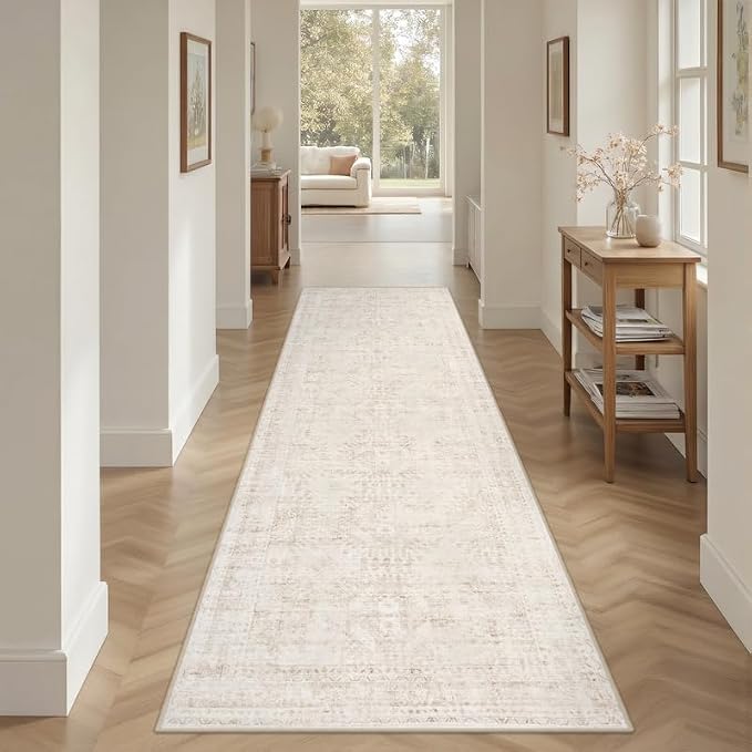 2'6''x8' Hallway Washable Runner Rug: Neutral Kitchen Carpet Beige | Vintage Boho Soft Small Indoor Decor Floor Non-Slip Low Pile Carpet Farmhouse Entryway Laundry Bathroom Bedroom Beside Rugs