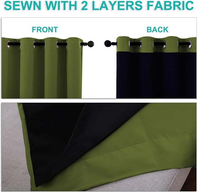 NICETOWN 100% Blackout Lined Curtains, Olive Green, 1 Pair, 42" Width x 63" Length Each Panel, 2 Thick Layers Completely Blackout Window Treatment Panels Thermal Insulated Drapes for Kitchen
