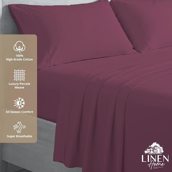 Linen Home 2-Pack Queen Sheet Set, 100% Cotton Percale Bedding, 8-Piece Value Bundle, Deep Pocket Cooling Bed Sheets for Hot Sleepers, Breathable & Crisp Hotel Quality, Long-Staple Cotton Damson Berry