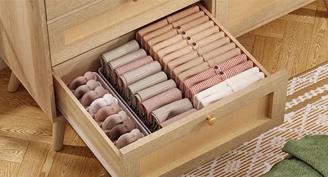 TEENFON Dresser for Bedroom, 47.2''Wide 7 Drawer Rattan Dresser, Wood Dressers TV Stand, Boho Dressers & Chests of Drawers for Bedroom, Entryway, Natural