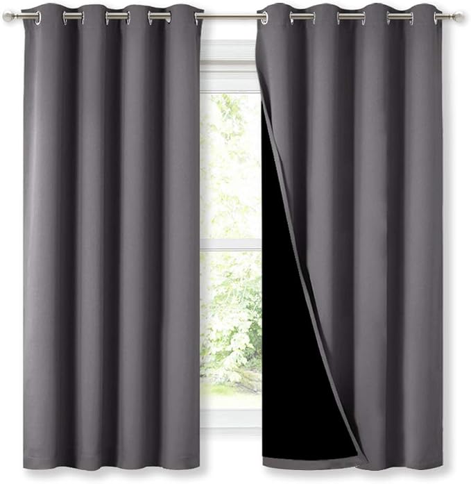 NICETOWN Grey 100% Blackout Curtains for Bedroom 52" w x 63" L 2 Panels | Black Liners Thermal Insulated 2-Layer Lined Drapes, Energy Efficiency Window Draperies Light Blocking Decor Noise Reducing