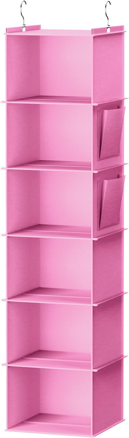 YOUDENOVA Hanging Closet Organizer and Storage, 6-Shelf, Light Pink | Breathable Fabric, Clothes Organizer with 2 Side Pockets, Hanging Shelves for Closet Storage, Dorm Room Essentials for Guys