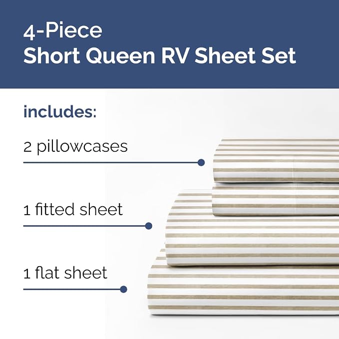 Short Queen Size 4 Piece Bed Sheet Set - RV Short Queen - Beige Stripes | Ultra-Soft, Breathable & Cooling Bed Sheets Set with Deep Pockets, Hotel Luxury Bedding for Women & Men, Wrinkle & Fade Free