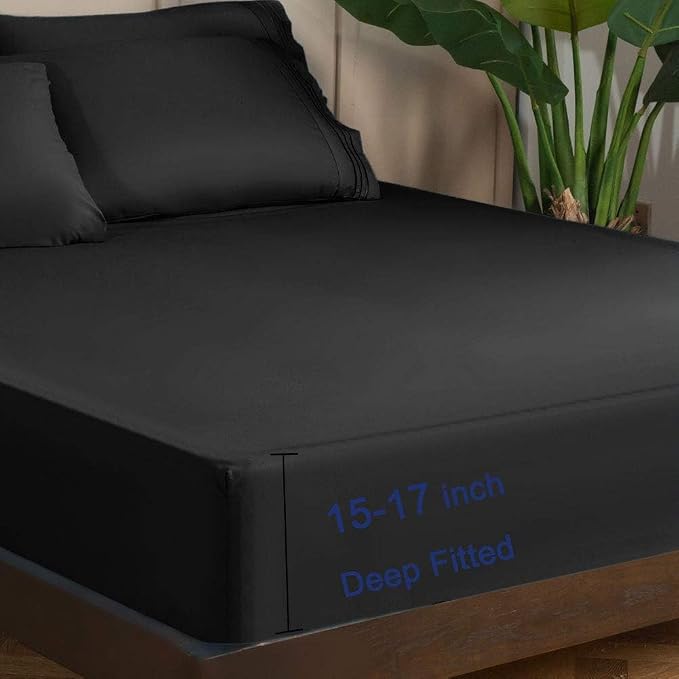 SONORO KATE Bed Sheet Set Super Soft Microfiber Luxury Egyptian Sheets 16-Inch Deep Pocket，Wrinkle-4 Piece(Black, Full)