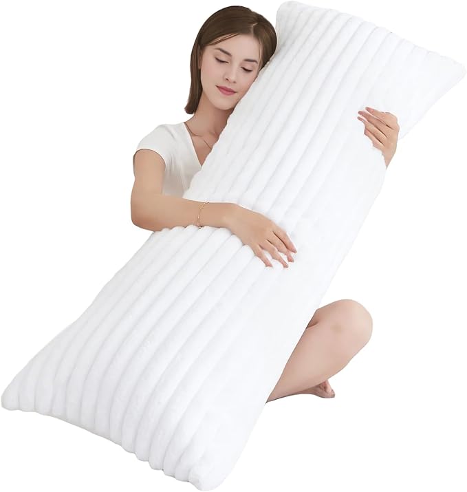 Full Body Pillow with Fluffy Stripe Faux Fur Removable Cover, Long Bed Pillow Adult 20x54 Inches for Side Sleeper and Pregnancy, White.